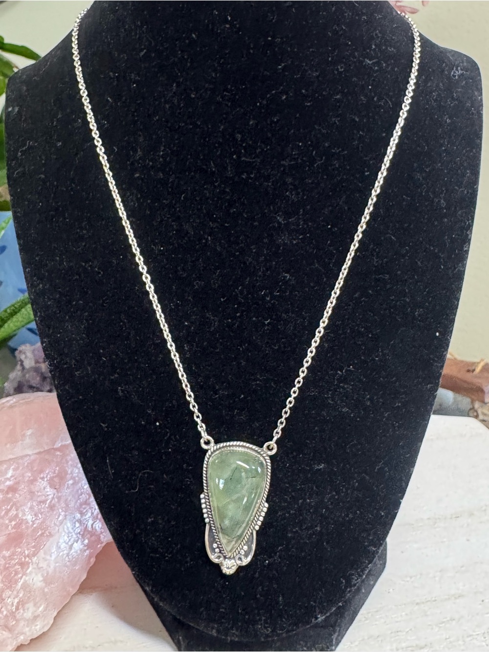 20” Prehnite Sterling Silver Gemstone Pendant Necklace